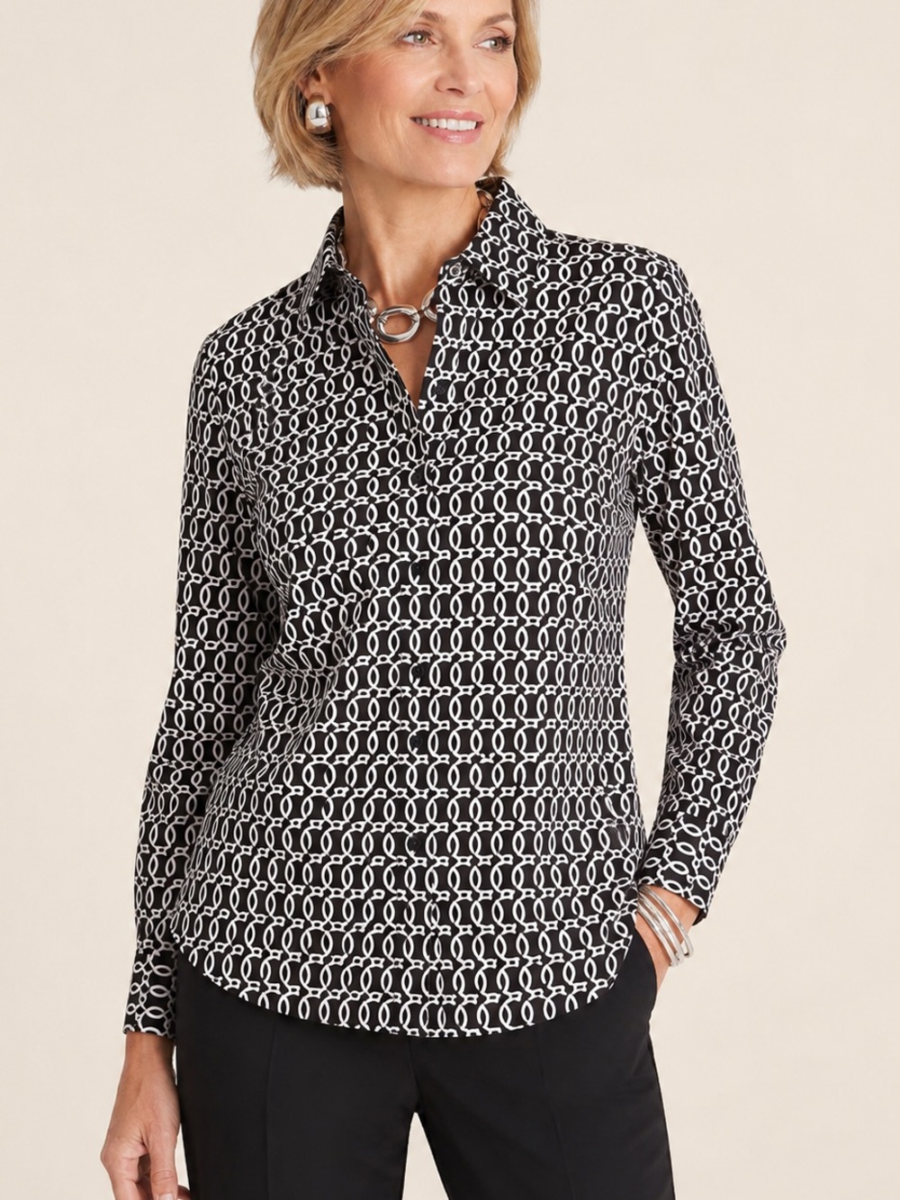 NWT Chico’s Playful Loops Lorena Wrinkle Resistant Cotton Shirt Size 0